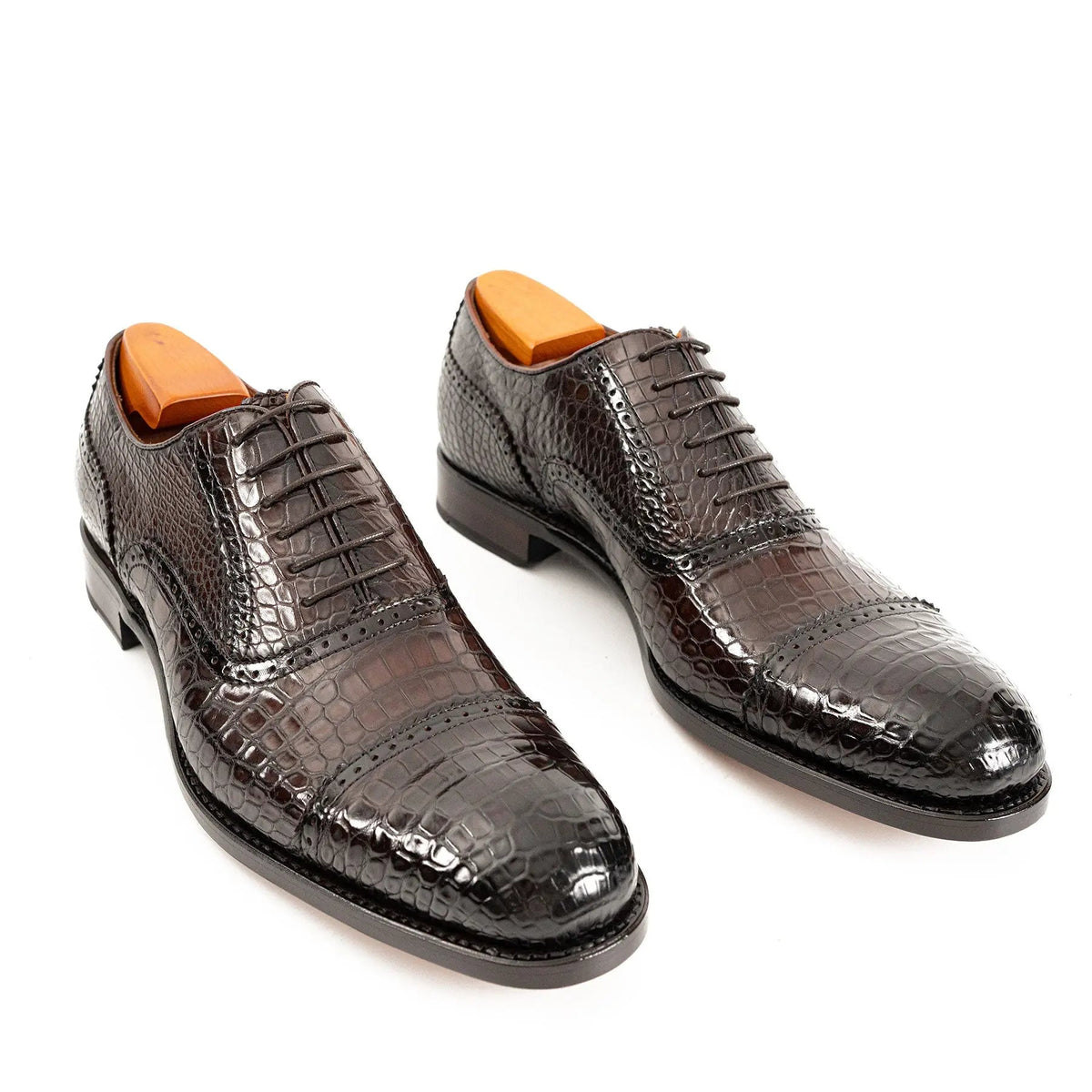 Dark Brown Cap-Toe Oxford Shoes with Perforated Detail