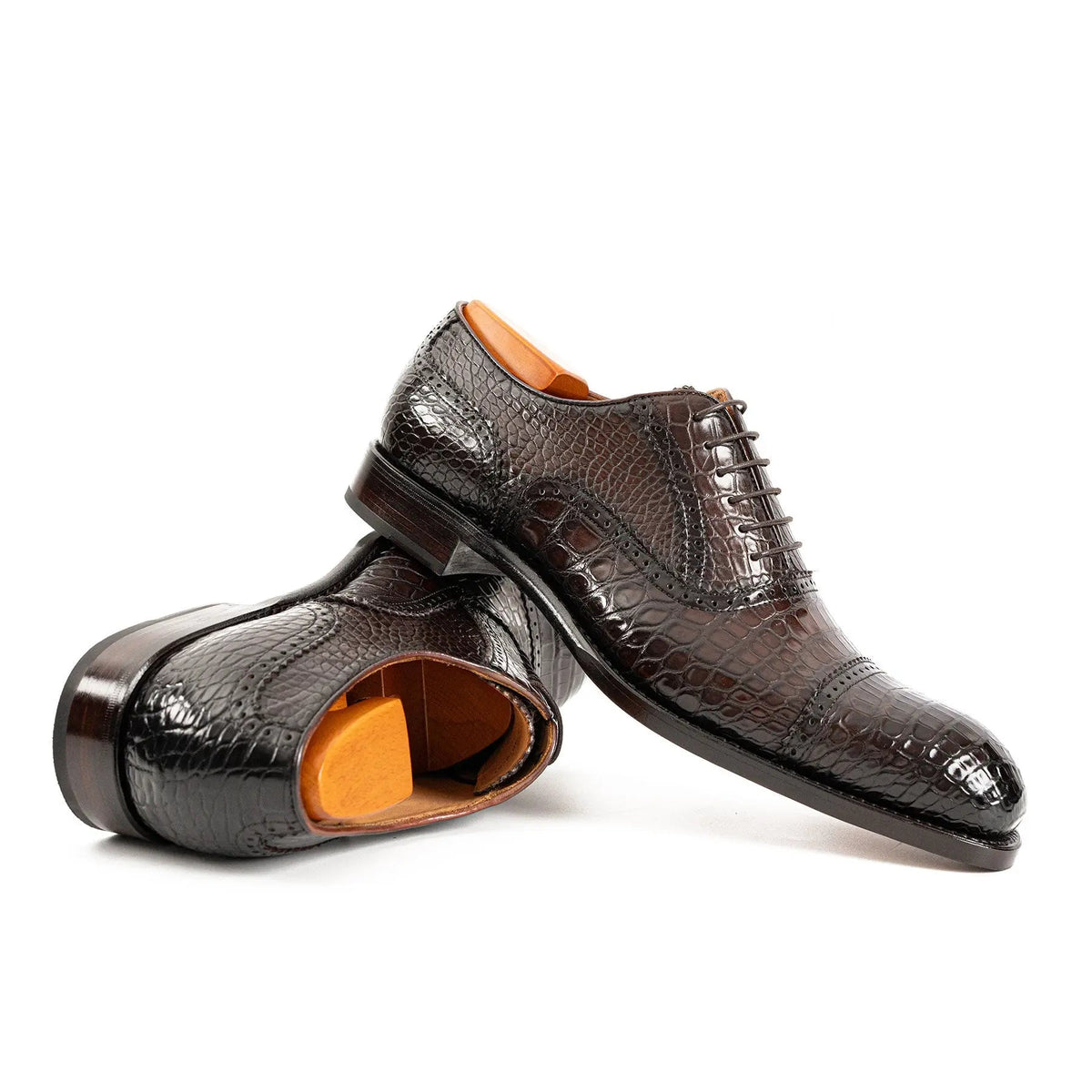 Dark Brown Cap-Toe Oxford Shoes with Perforated Detail