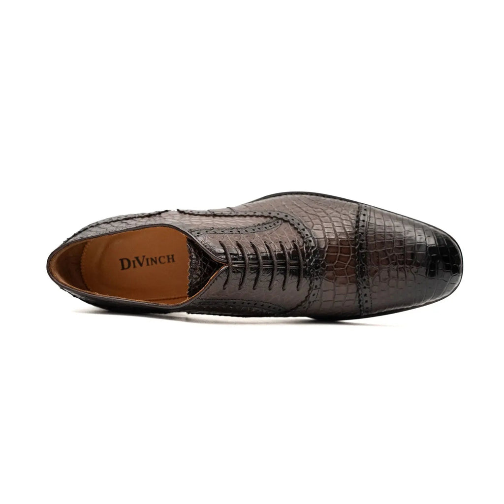 Dark Brown Cap-Toe Oxford Shoes with Perforated Detail