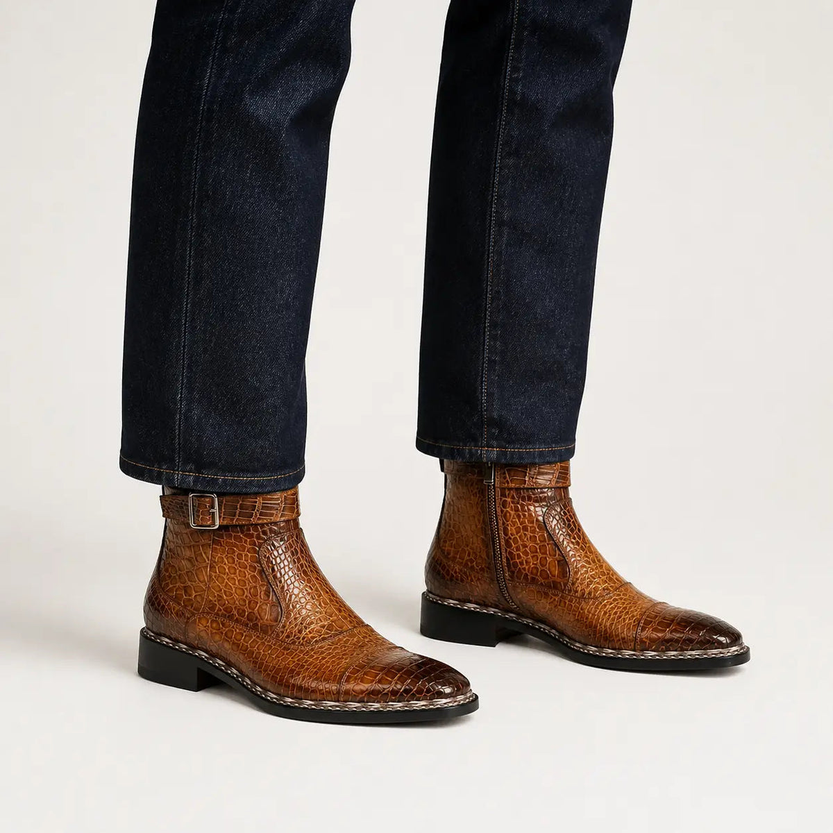 Amber Brown Textured Zip and Buckle Ankle Boot
