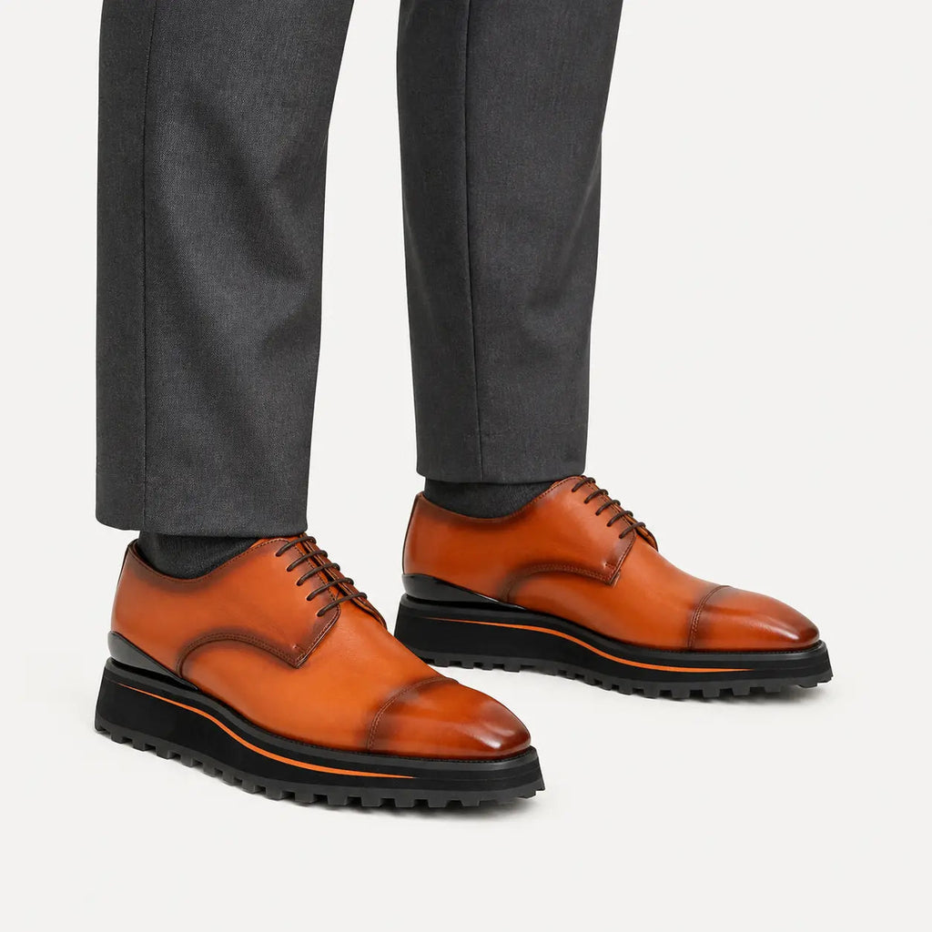 Orange-Brown Cap-Toe Derby Shoes with Contrast-Edge Lug Sole