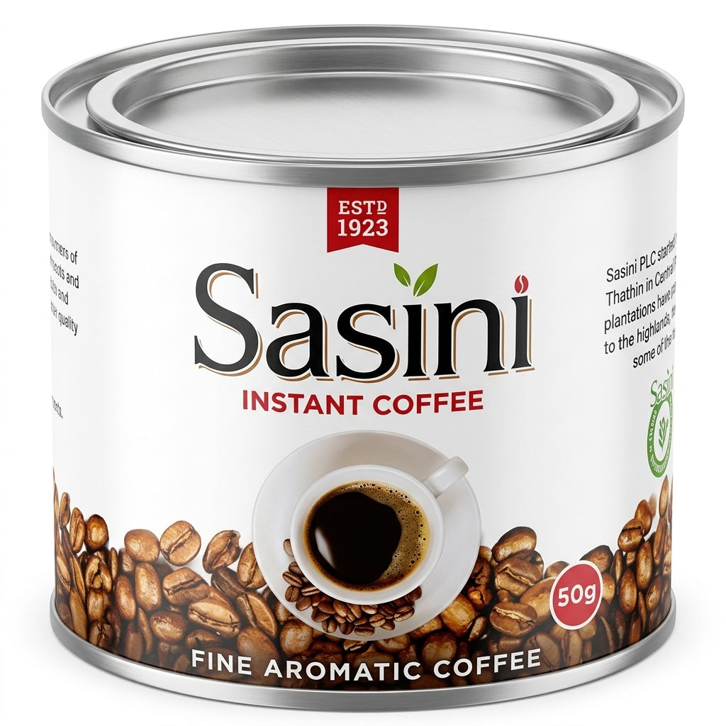 Sasini 50g instant coffee tin with red brand logo and coffee cup on white background.