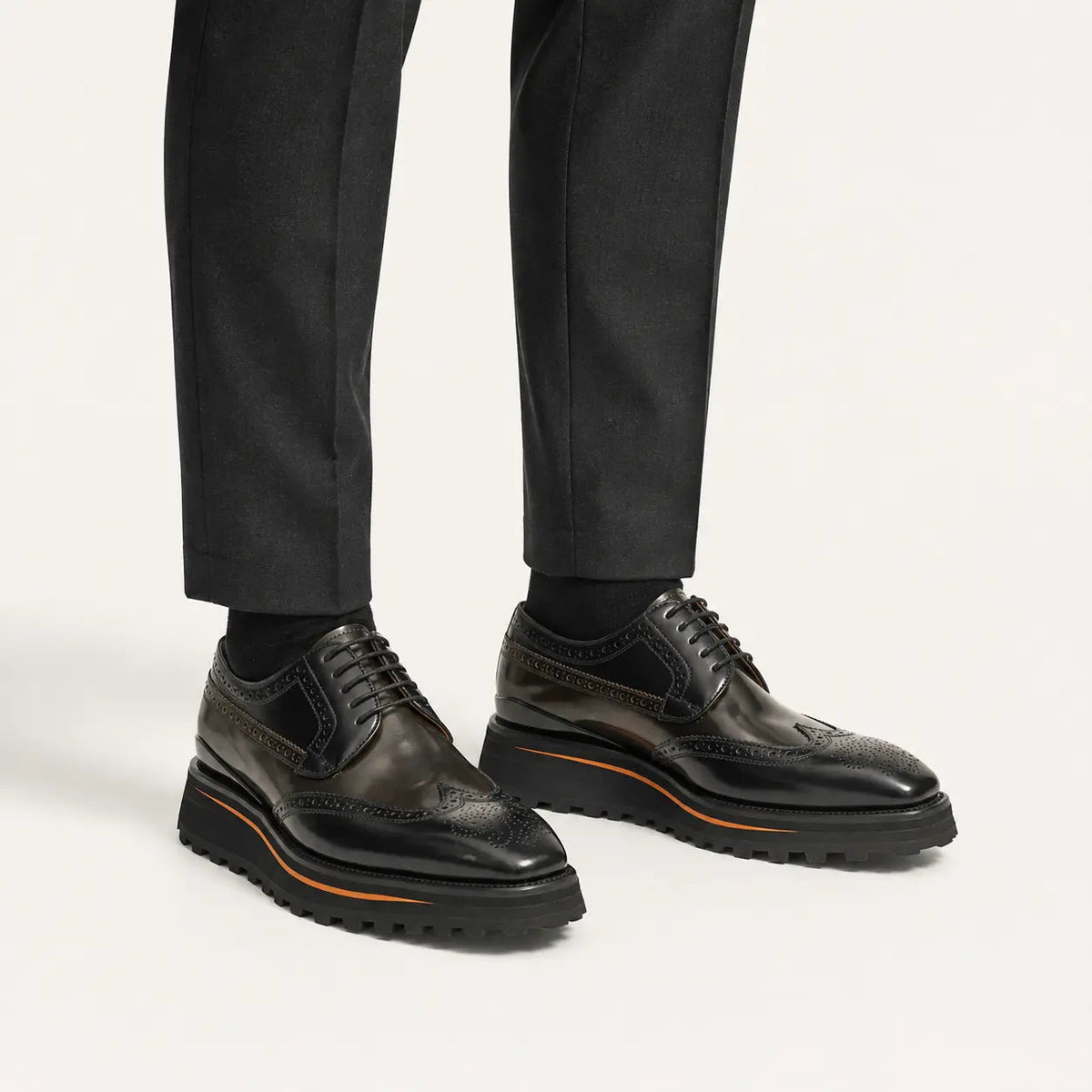 Dark Brown Shaded Wingtip Derby Shoes with Lug Sole