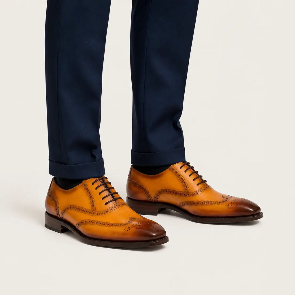 Golden-Tan Square-Wingtip Oxford Shoes with Medallion