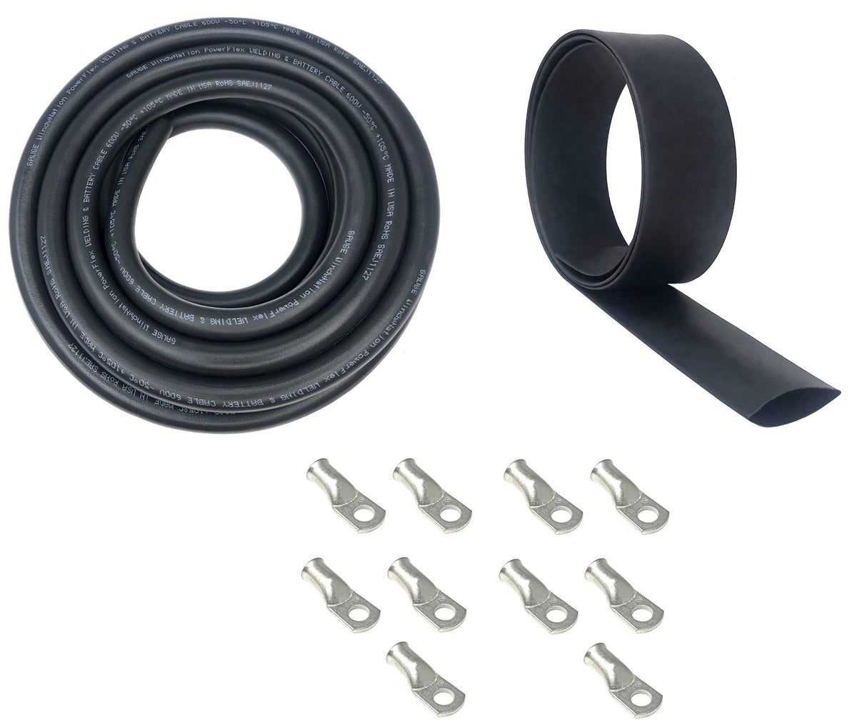 1/0 Gauge Welding Battery Cable Kit - Includes 5 pieces of 3/8" + 5 pieces of 5/16"  Tinned Copper Cable Lugs and 3 Feet Black Heat Shrink Tubing
