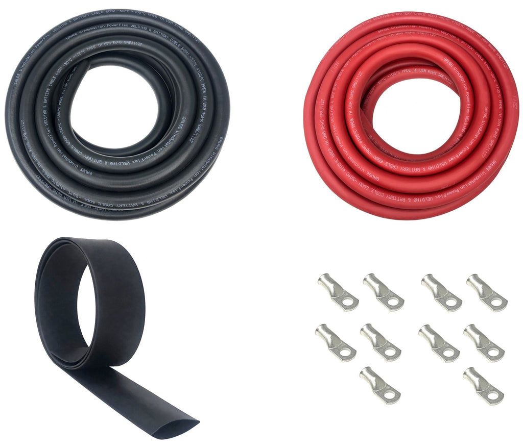 2/0 Gauge Welding Battery Cable Kit - Includes 10 pieces of 3/8" Tinned Copper Cable Lugs and 3 feet Black Heat Shrink Tubing