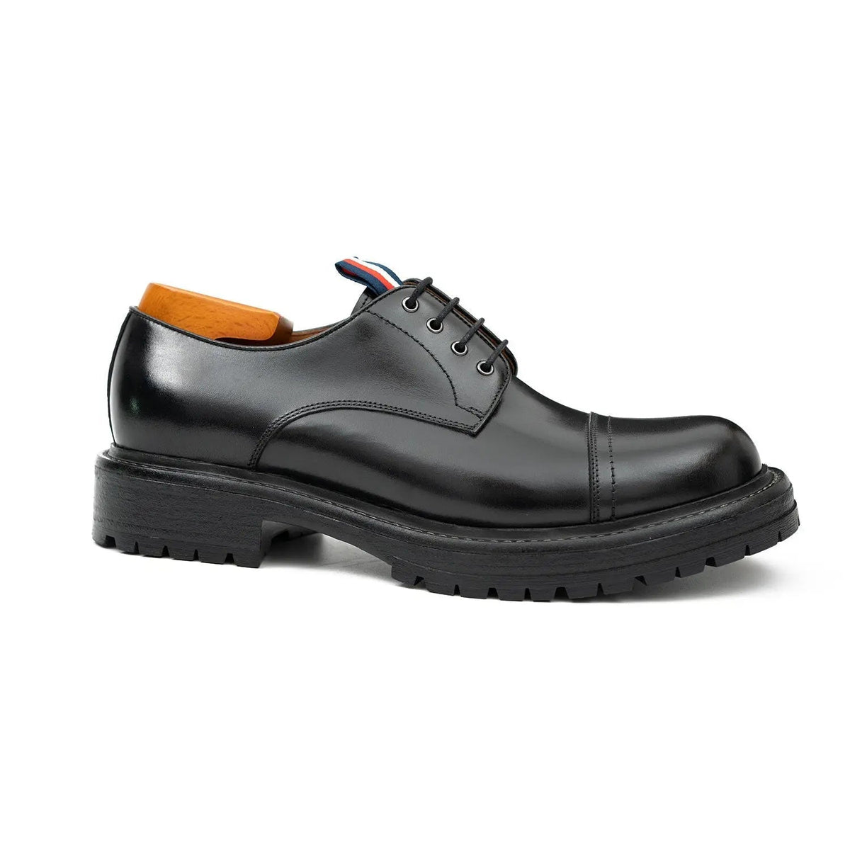 Black Cap-Toe Derby Shoes with Pull Tab