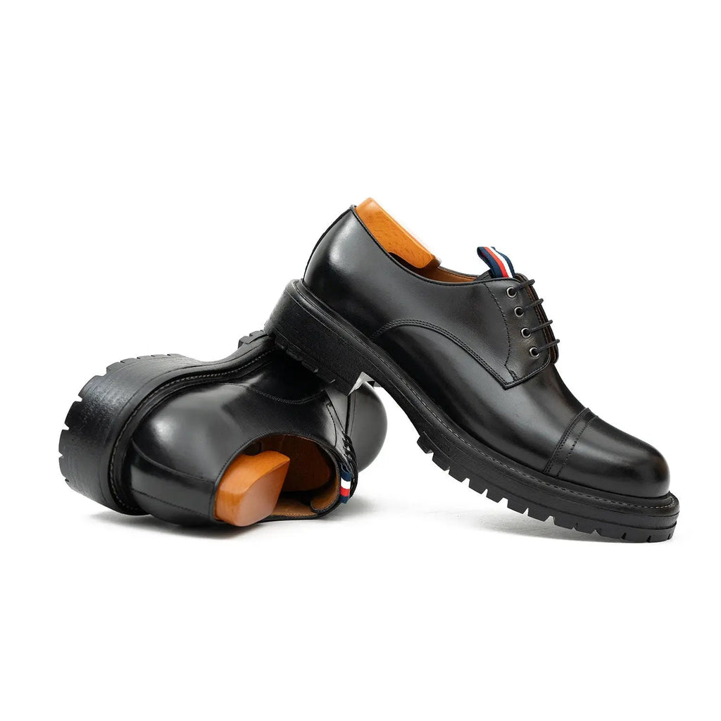 Black Cap-Toe Derby Shoes with Pull Tab