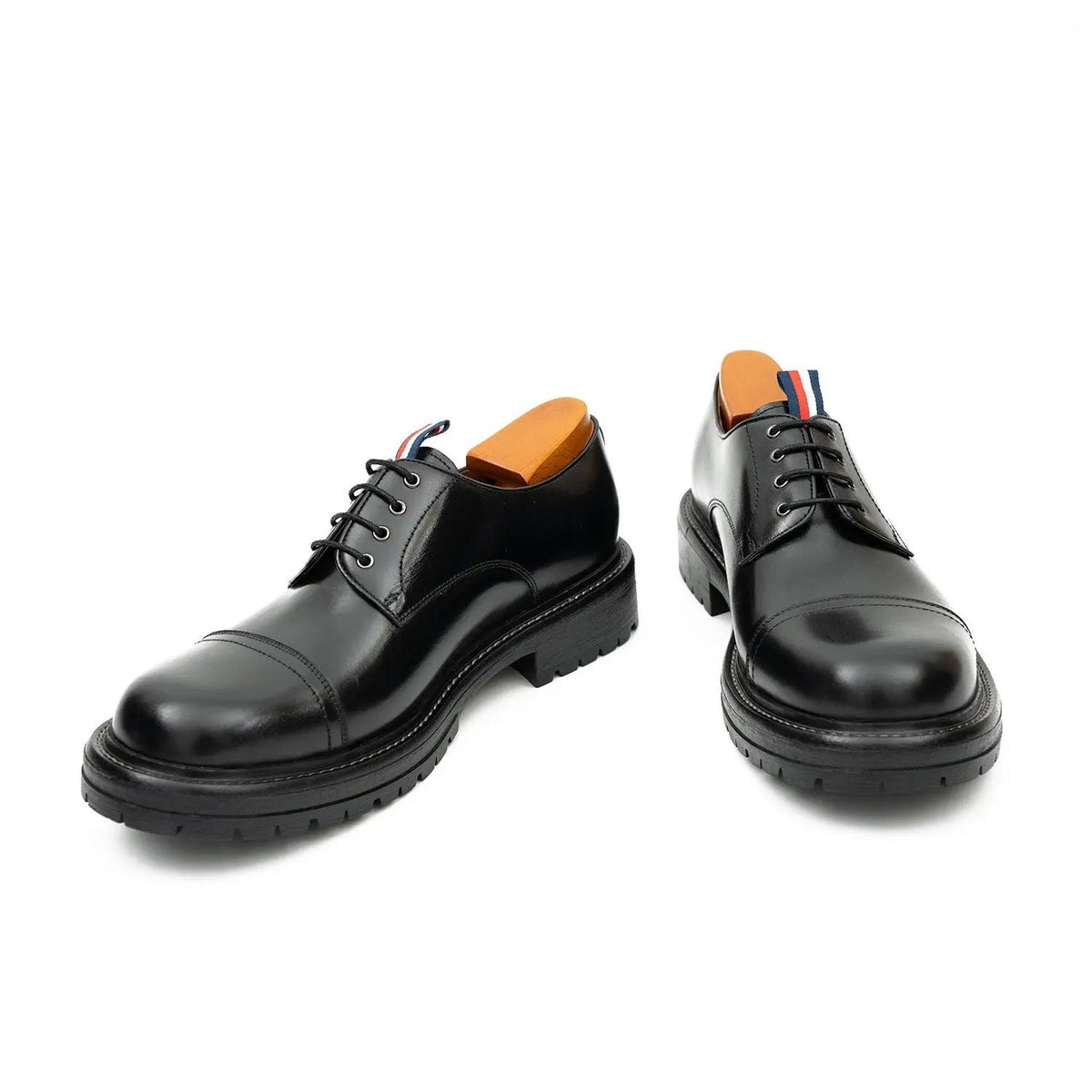 Black Cap-Toe Derby Shoes with Pull Tab