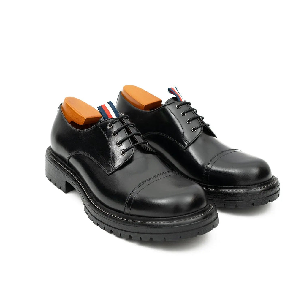 Black Cap-Toe Derby Shoes with Pull Tab