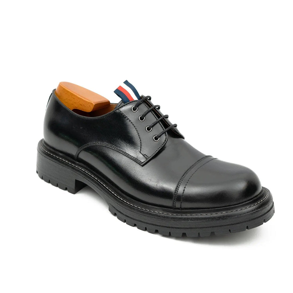 Black Cap-Toe Derby Shoes with Pull Tab