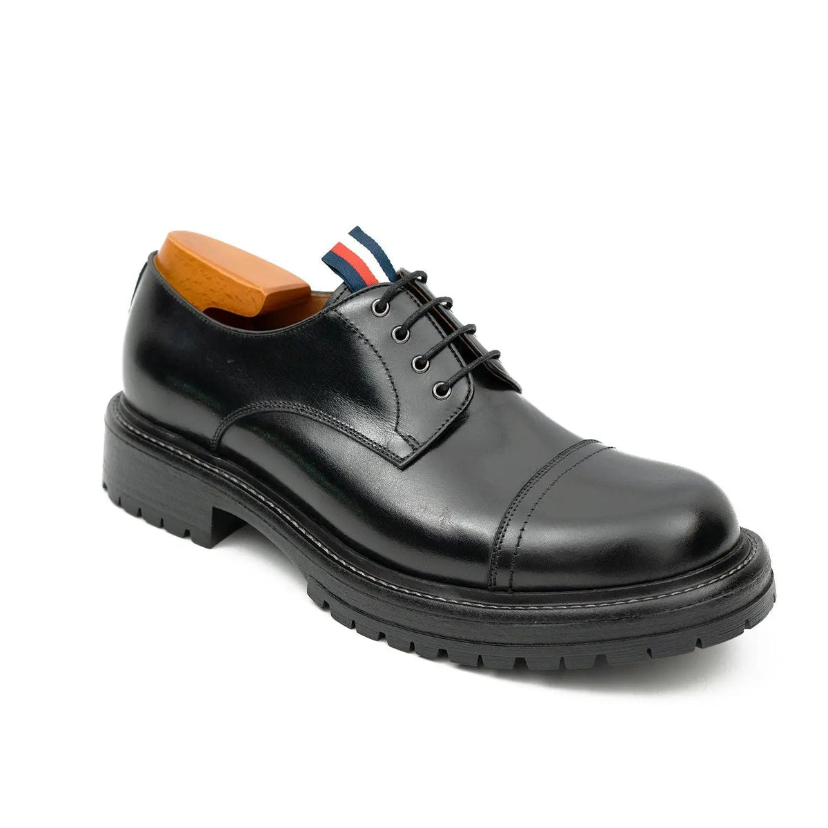 Black Cap-Toe Derby Shoes with Pull Tab