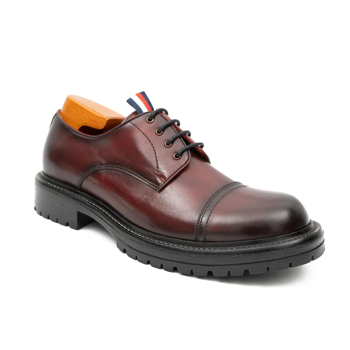 Dark Reddish Brown Cap-Toe Derby Shoes with Pull Tab