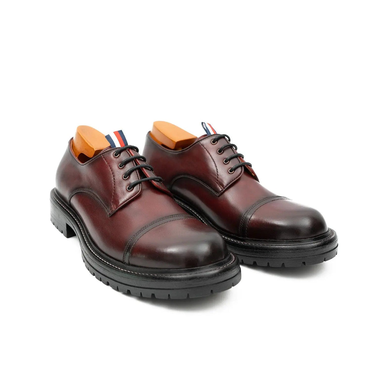 Dark Reddish Brown Cap-Toe Derby Shoes with Pull Tab