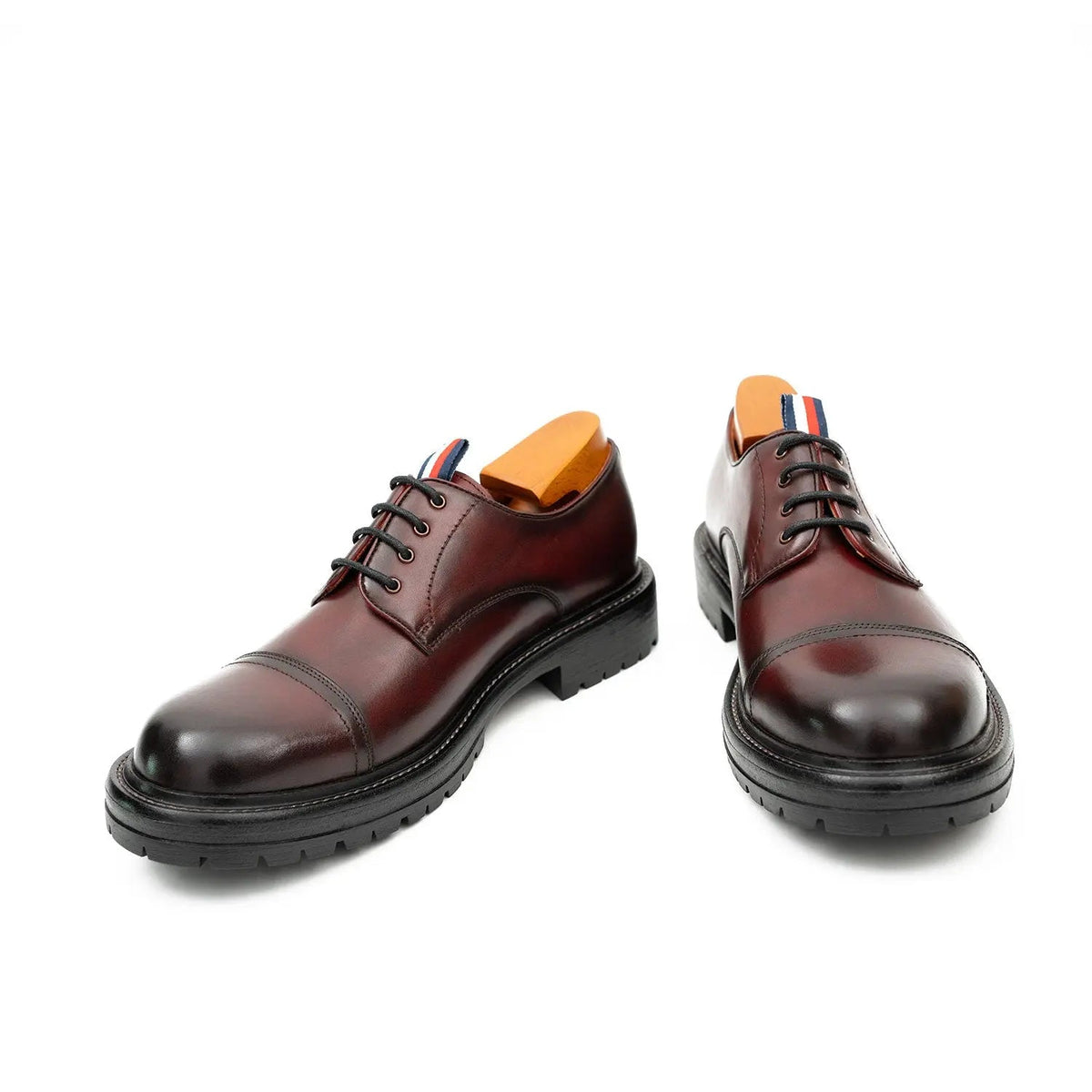 Dark Reddish Brown Cap-Toe Derby Shoes with Pull Tab