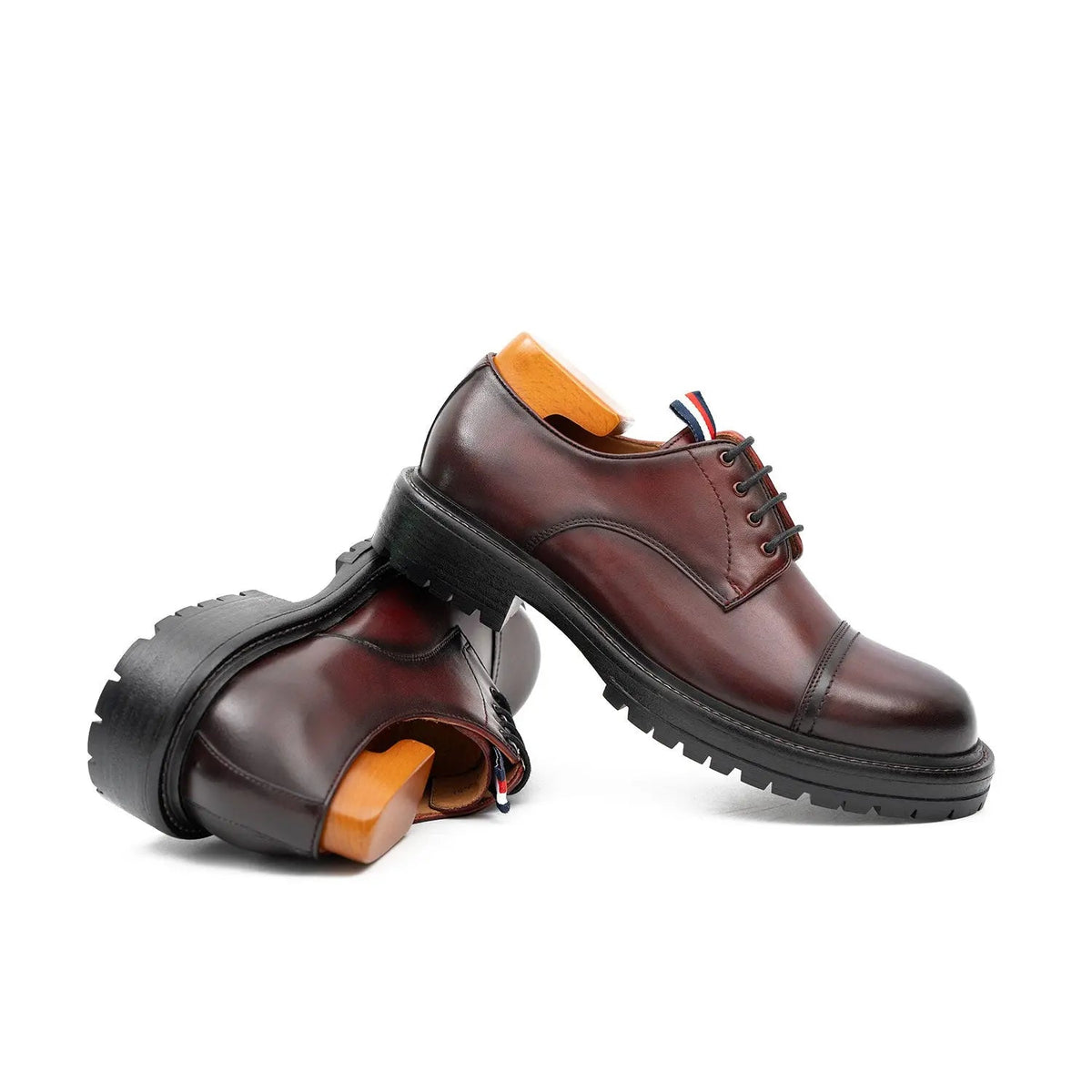 Dark Reddish Brown Cap-Toe Derby Shoes with Pull Tab