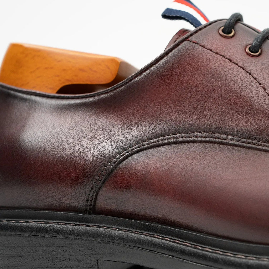 Dark Reddish Brown Cap-Toe Derby Shoes with Pull Tab