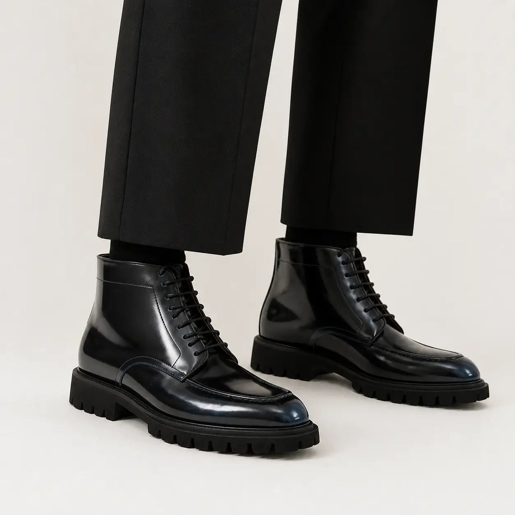 Black Apron-Toe Ankle Boot with Blue Toe Shading