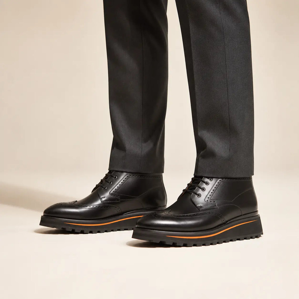 Black Wingtip Lace-Up Ankle Boots with Side Zipper