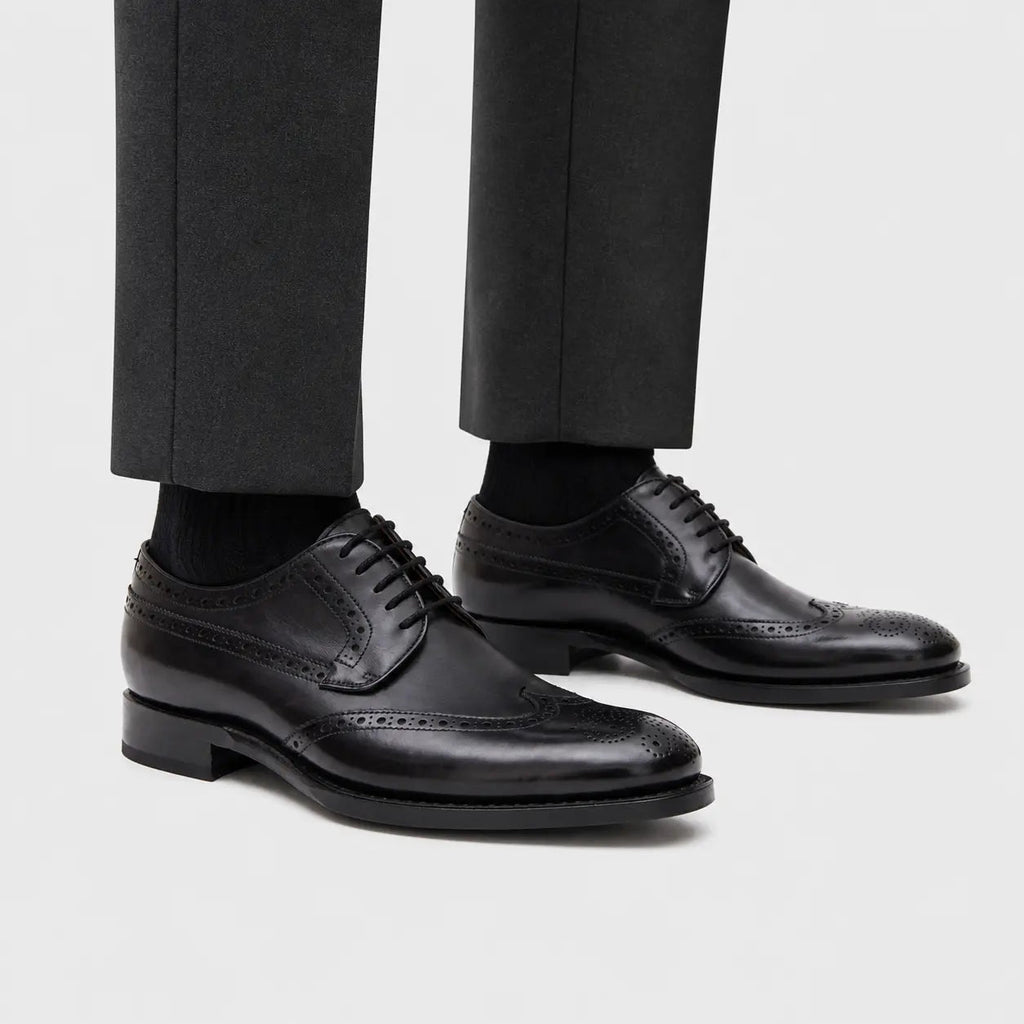 Black Wingtip Derby Shoes with Polished Finish