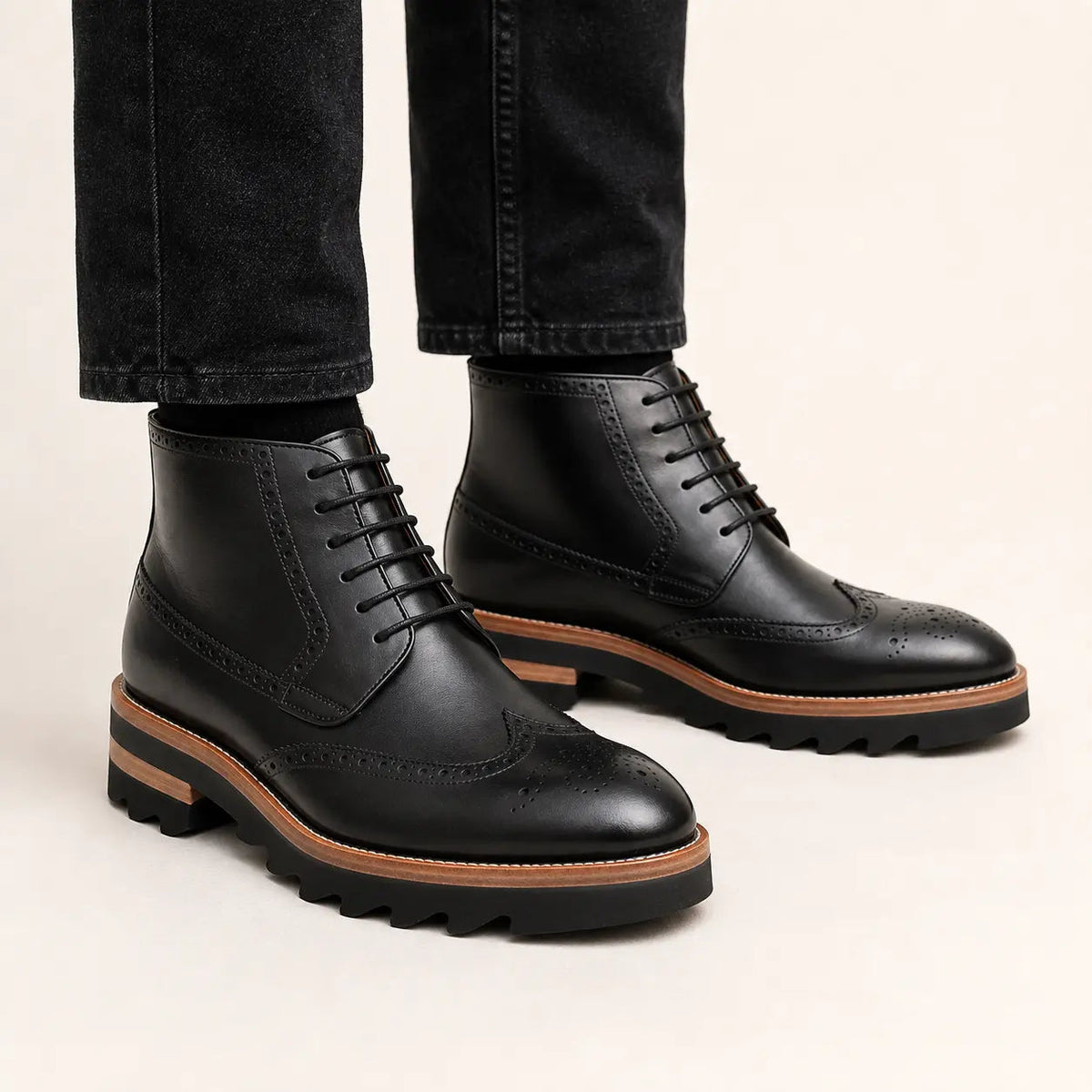 Black Wingtip Ankle Boots with Brown-Band Ridged Sole