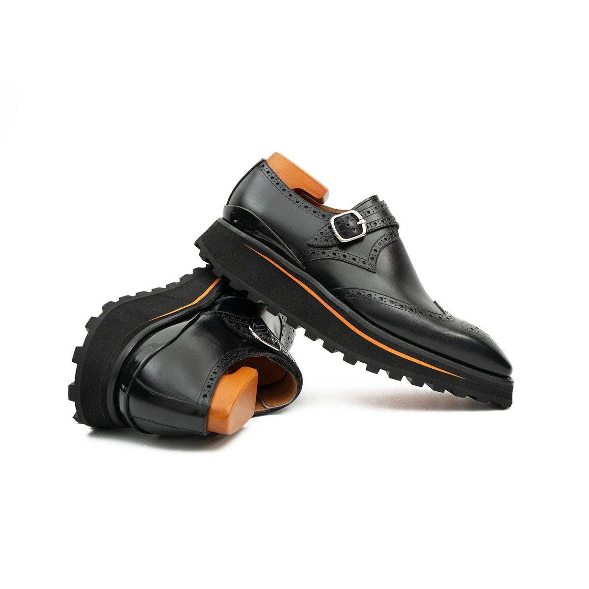 Black Lug Sole Wingtip Buckle Monk Shoe