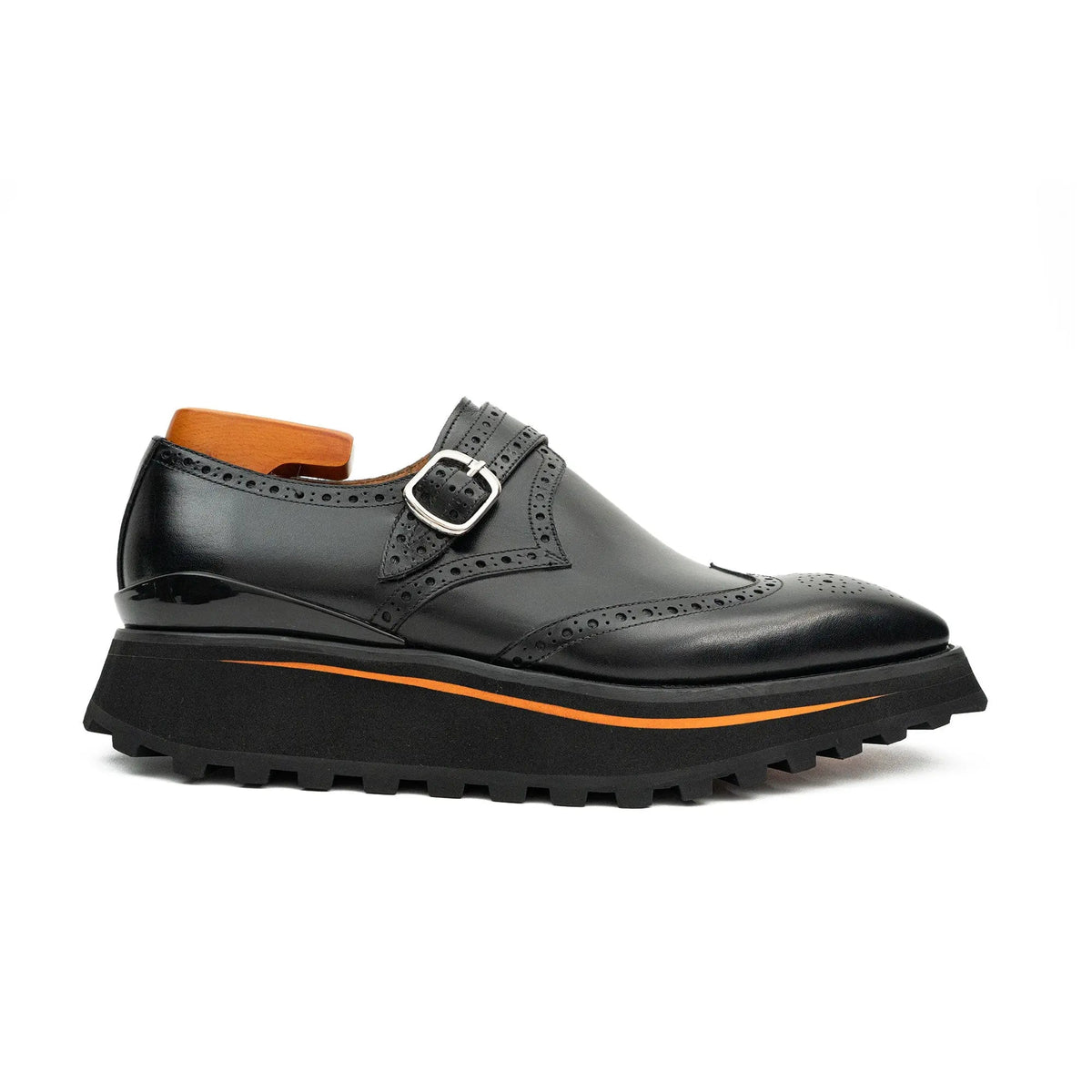 Black Lug Sole Wingtip Buckle Monk Shoe