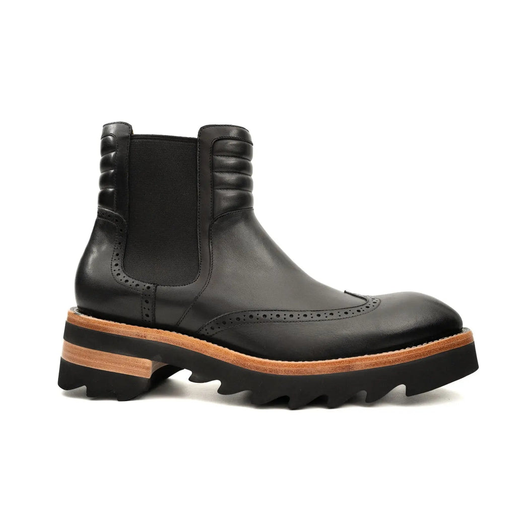 Black Lug Sole Wingtip Chelsea Ankle Boot