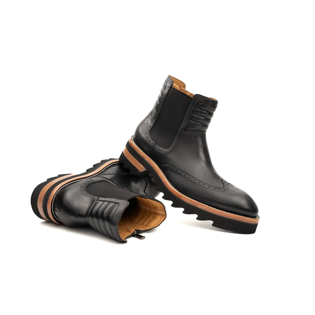 Black Lug Sole Wingtip Chelsea Ankle Boot