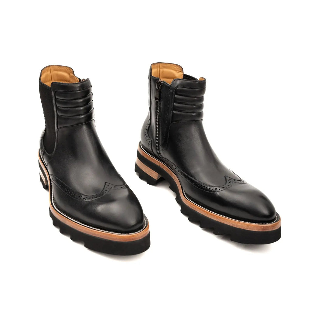 Black Lug Sole Wingtip Chelsea Ankle Boot