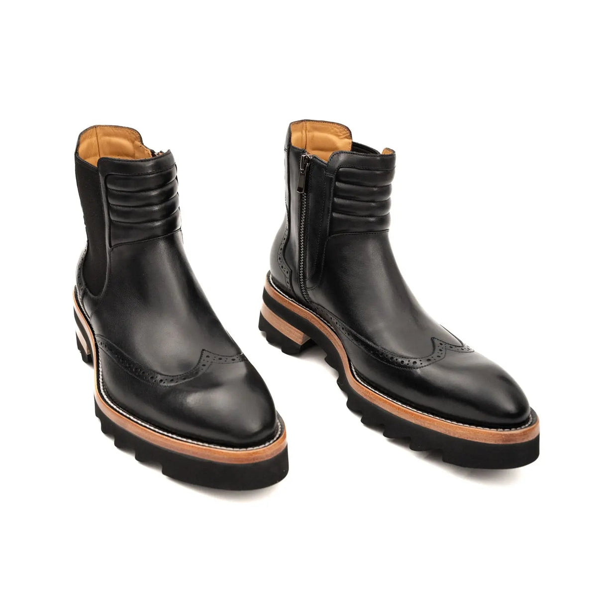 Black Lug Sole Wingtip Chelsea Ankle Boot