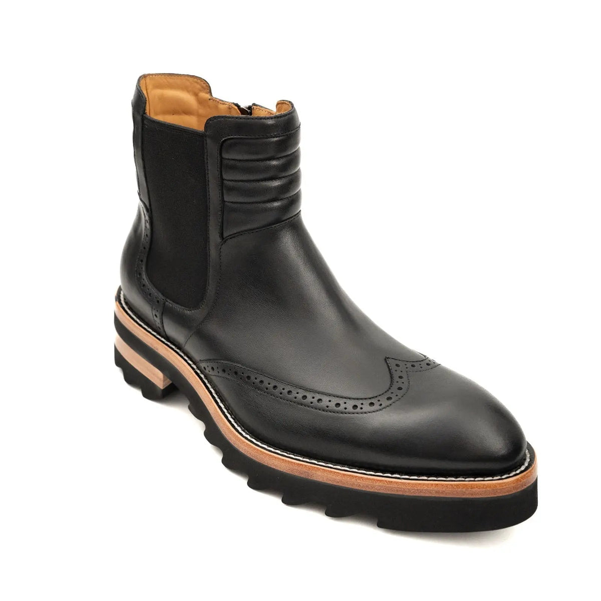 Black Lug Sole Wingtip Chelsea Ankle Boot