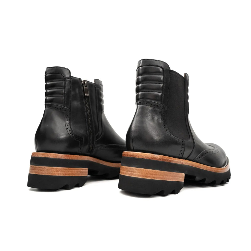 Black Lug Sole Wingtip Chelsea Ankle Boot