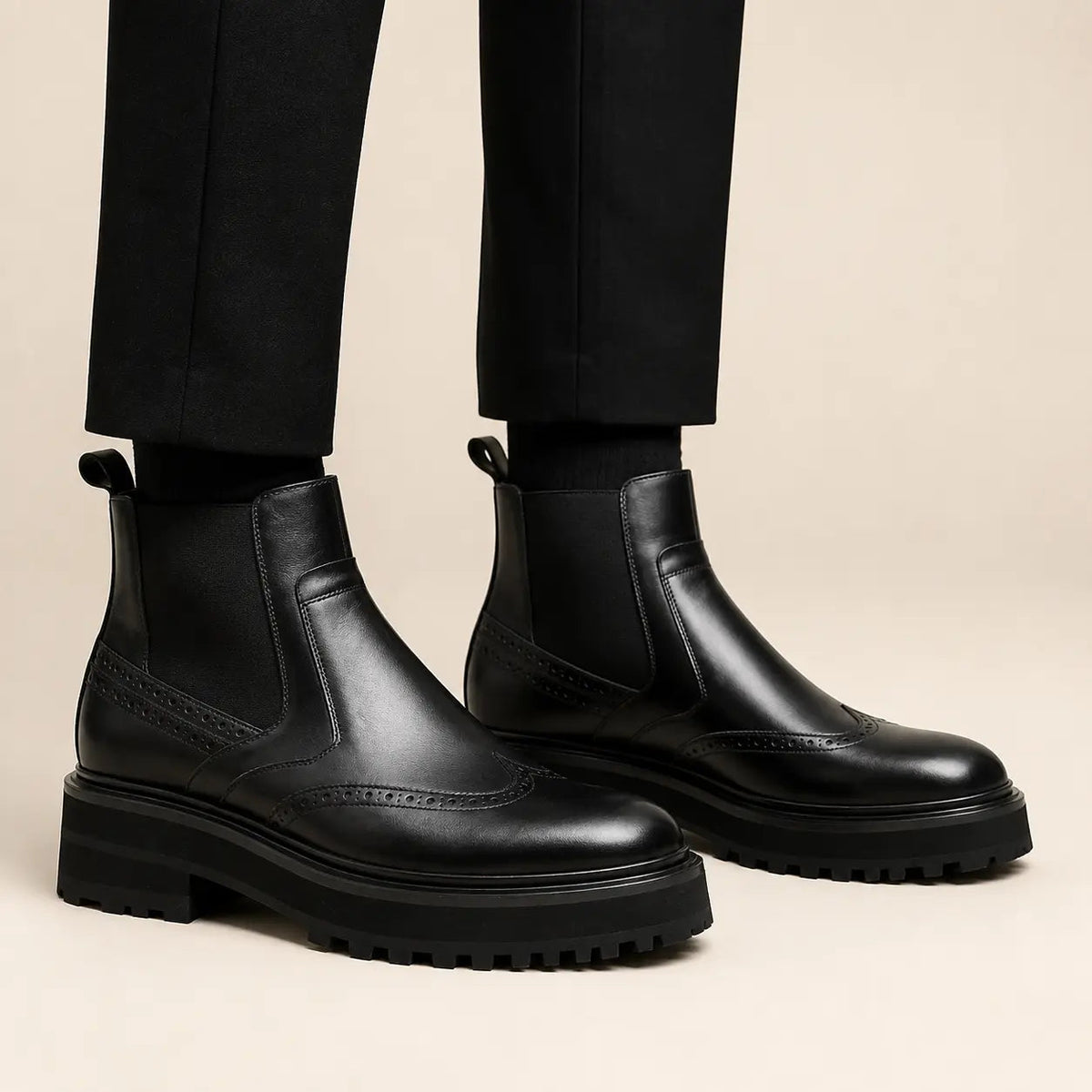 Black Wingtip Chelsea Boot with Lug Sole