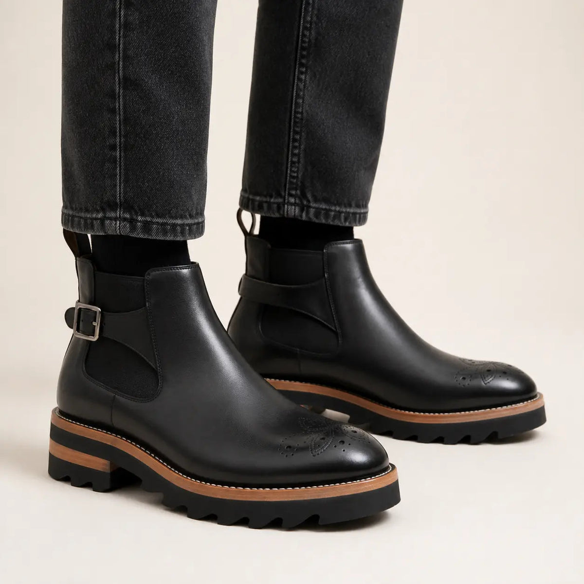Black Round-Toe Chelsea Boots with Ankle Buckle