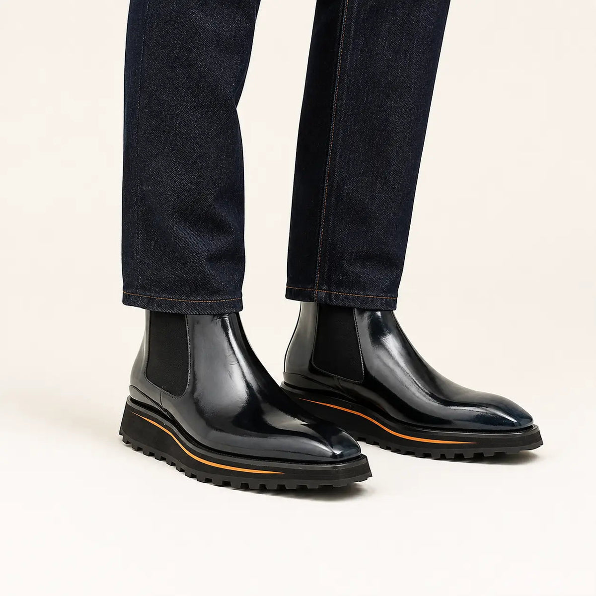 Dark Blue-Black Plain-Toe Chelsea Boots with Pull Tab