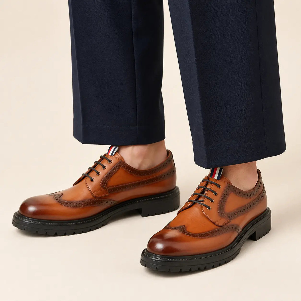 Orange-Brown Wingtip Derby Shoes with Pull Tab