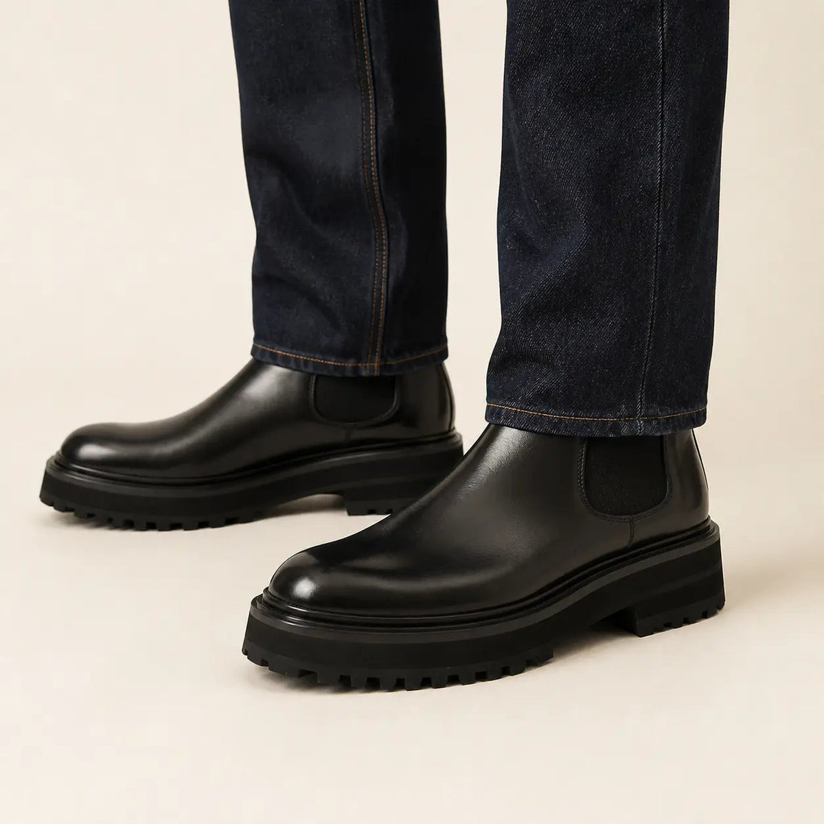 Black Lug Sole Chelsea Ankle Boot with Rear Pull Tab
