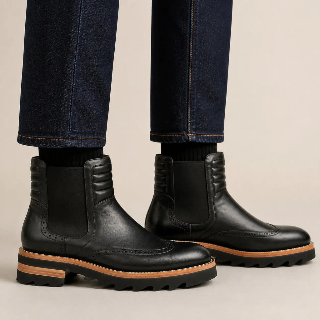 Black Lug Sole Wingtip Chelsea Ankle Boot