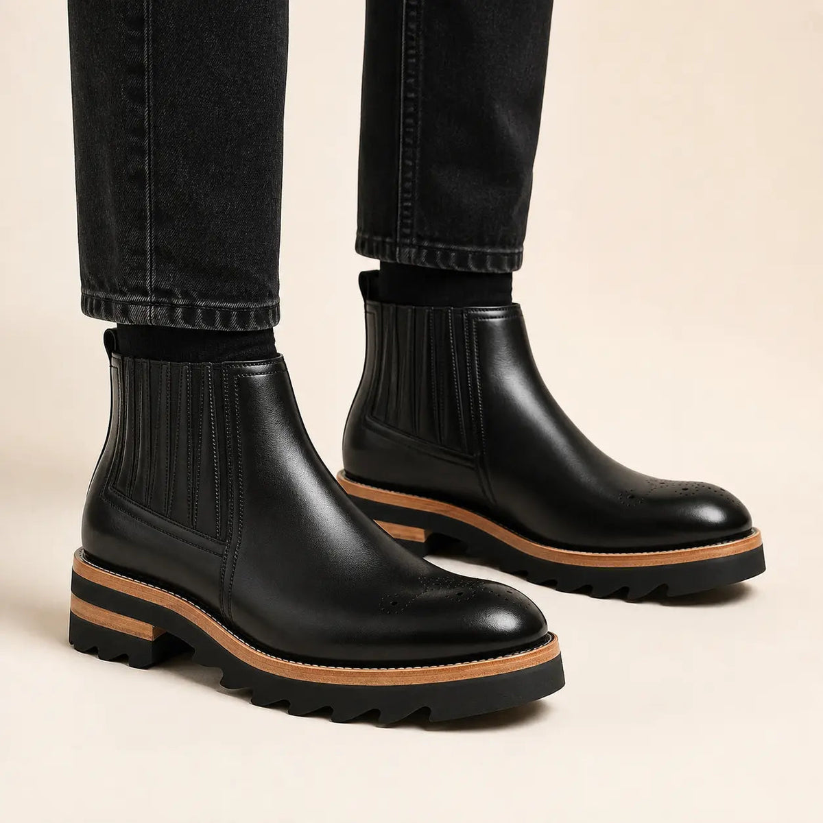 Black Round-Toe Chelsea Boots with Ribbed Panels
