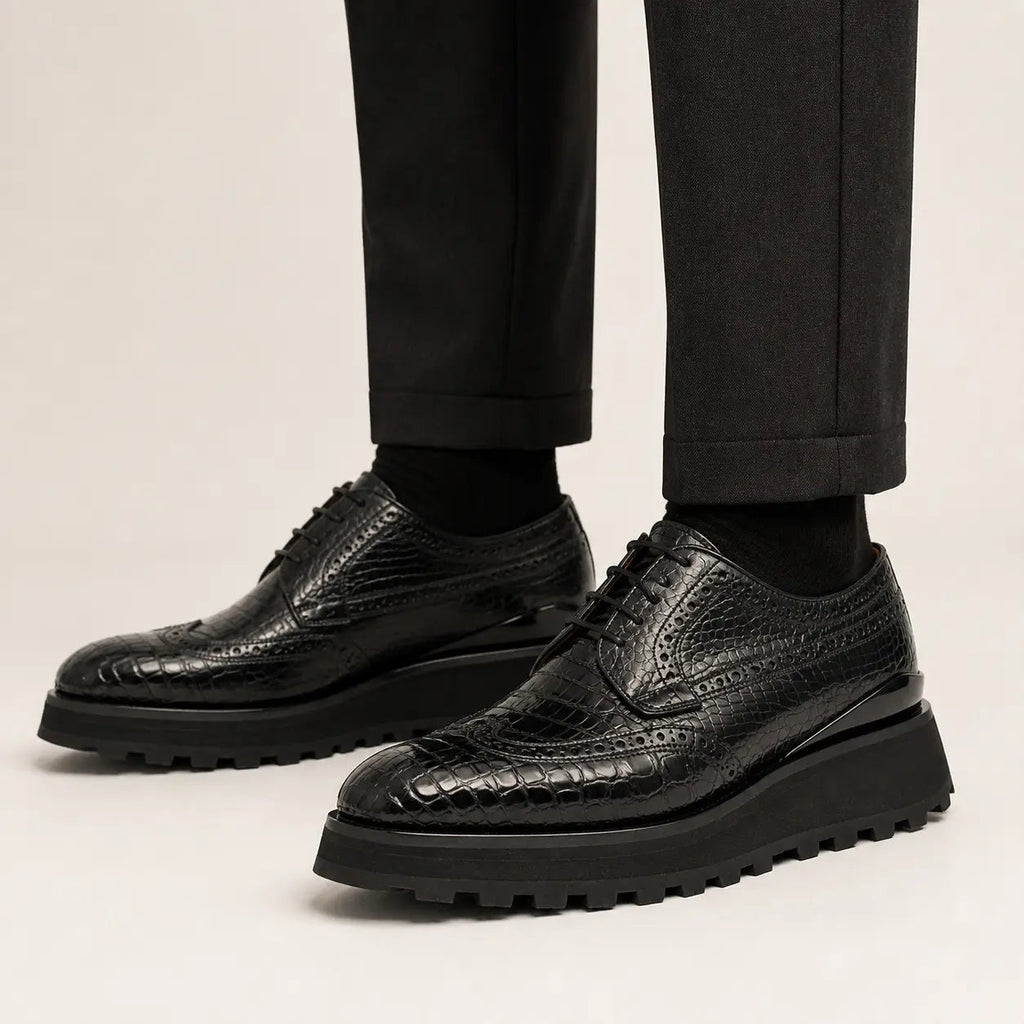 Black Calfskin Wingtip Derby Shoes with Scale Texture