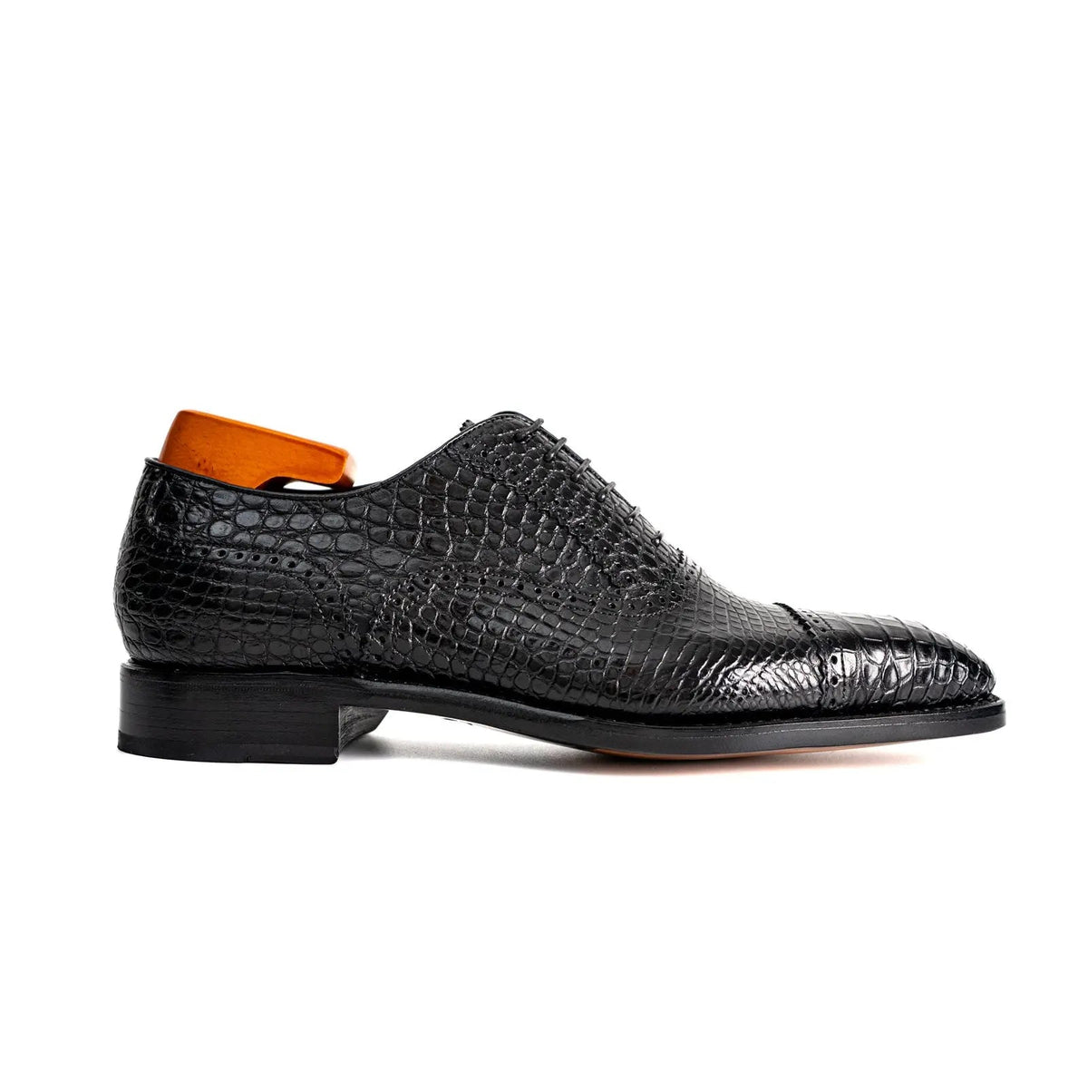 Black Cap-Toe Oxford Shoes with Scale-Pattern Texture