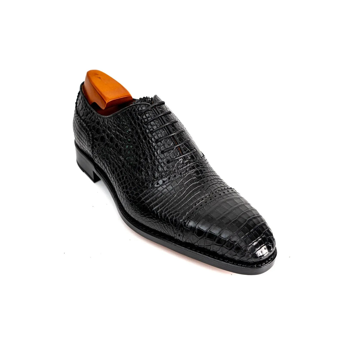 Black Cap-Toe Oxford Shoes with Scale-Pattern Texture