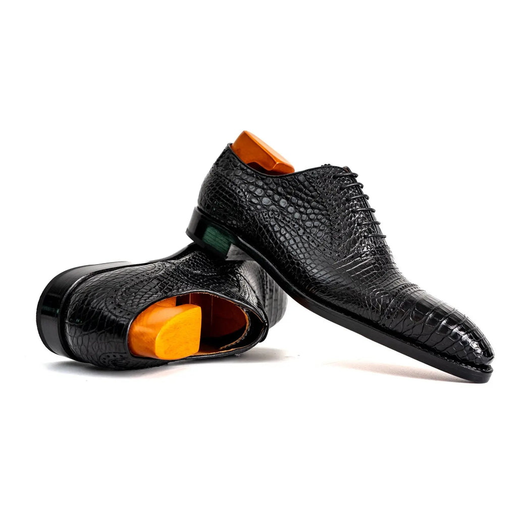 Black Cap-Toe Oxford Shoes with Scale-Pattern Texture