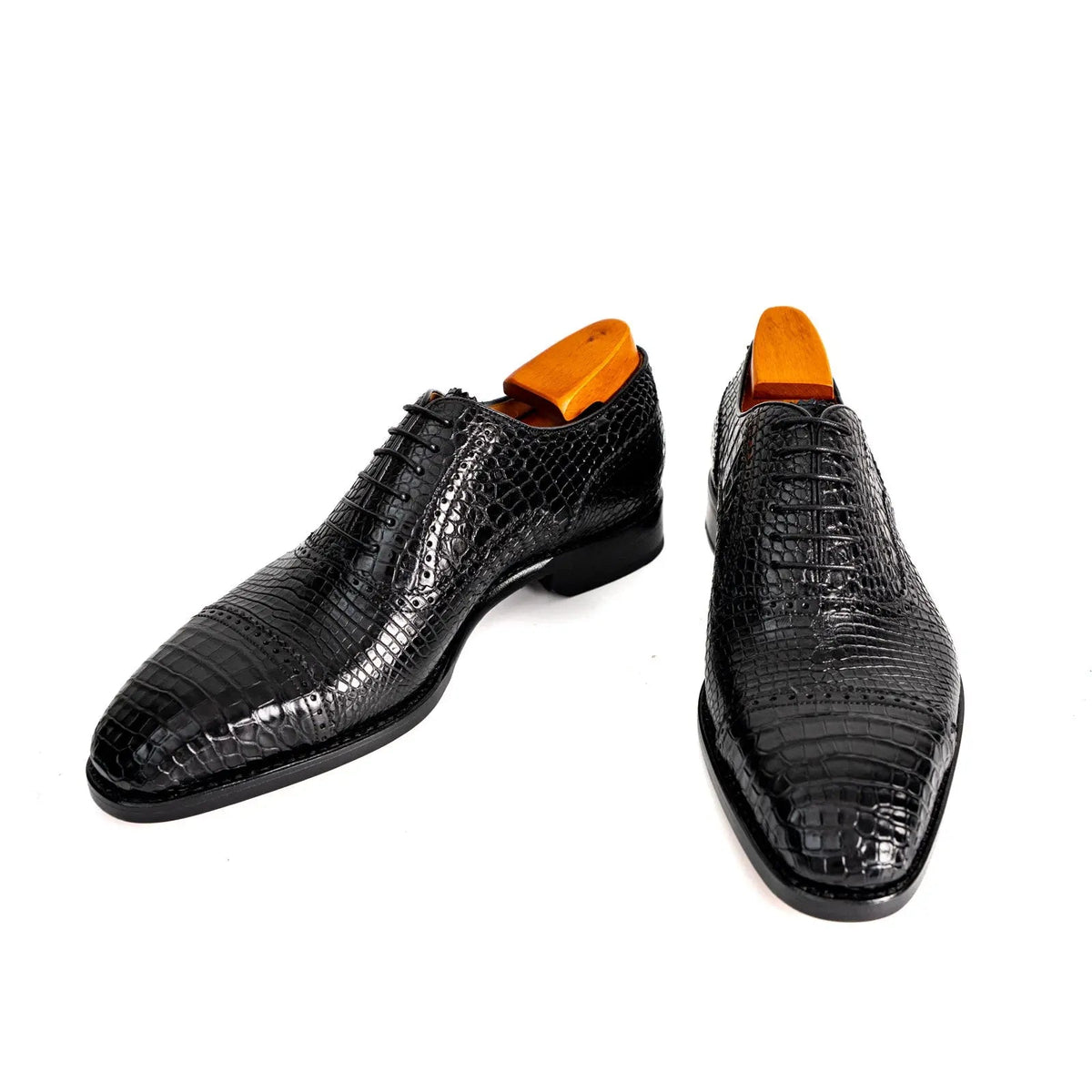 Black Cap-Toe Oxford Shoes with Scale-Pattern Texture