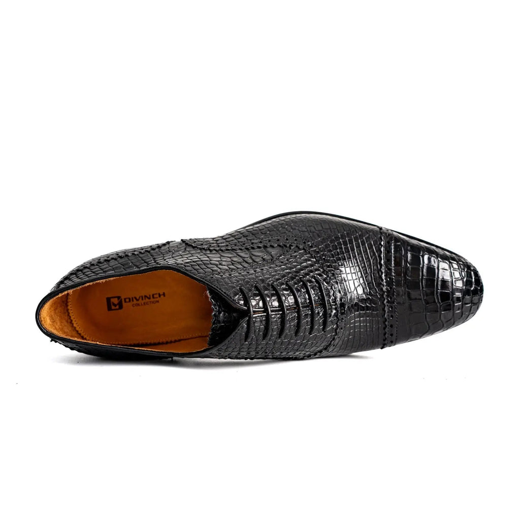 Black Cap-Toe Oxford Shoes with Scale-Pattern Texture