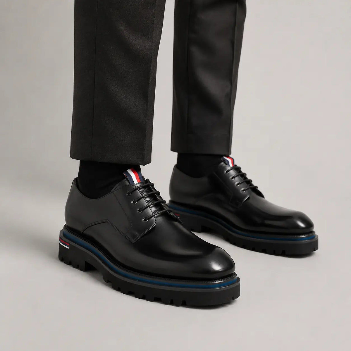 Black Square-Toe Derby Shoes with Pull Tab