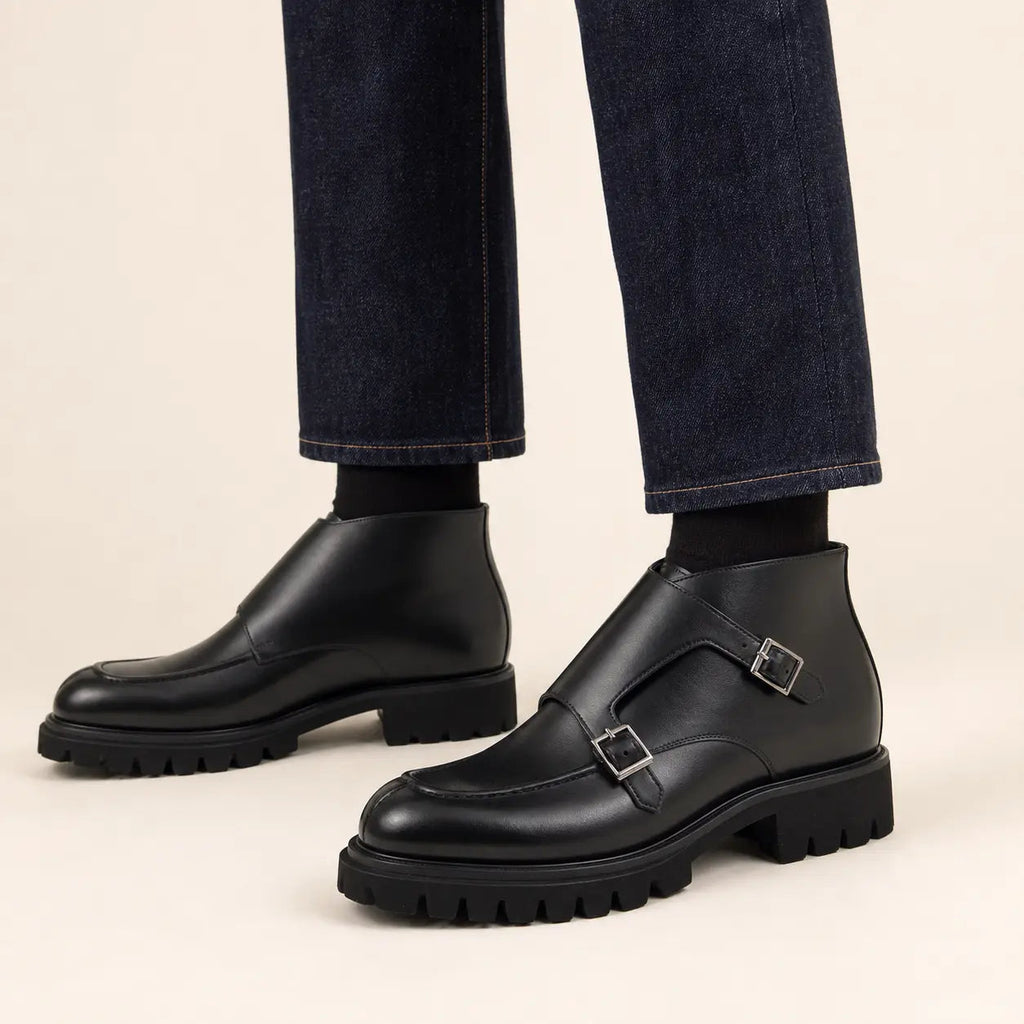 Black Lug Sole Double Buckle Monk Ankle Boot