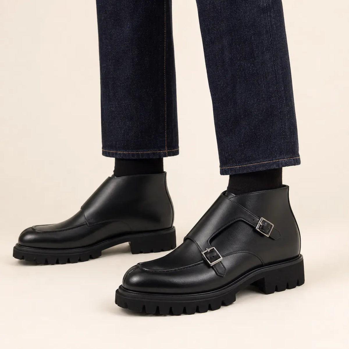 Black Lug Sole Double Buckle Monk Ankle Boot