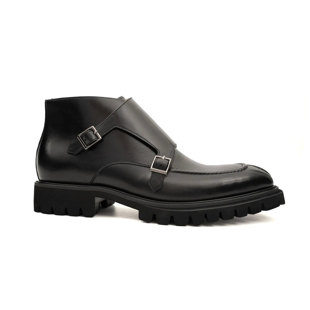 Black Lug Sole Double Buckle Monk Ankle Boot